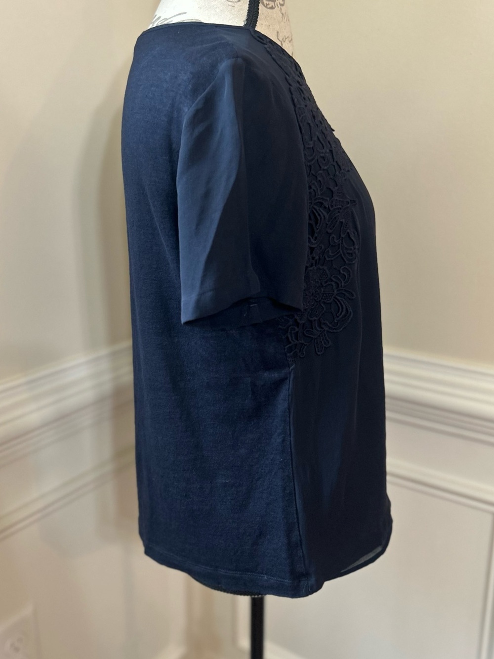 Tory Burch Navy Short Sleeve Blouse with Lace Yoke - Picture 2 of 7